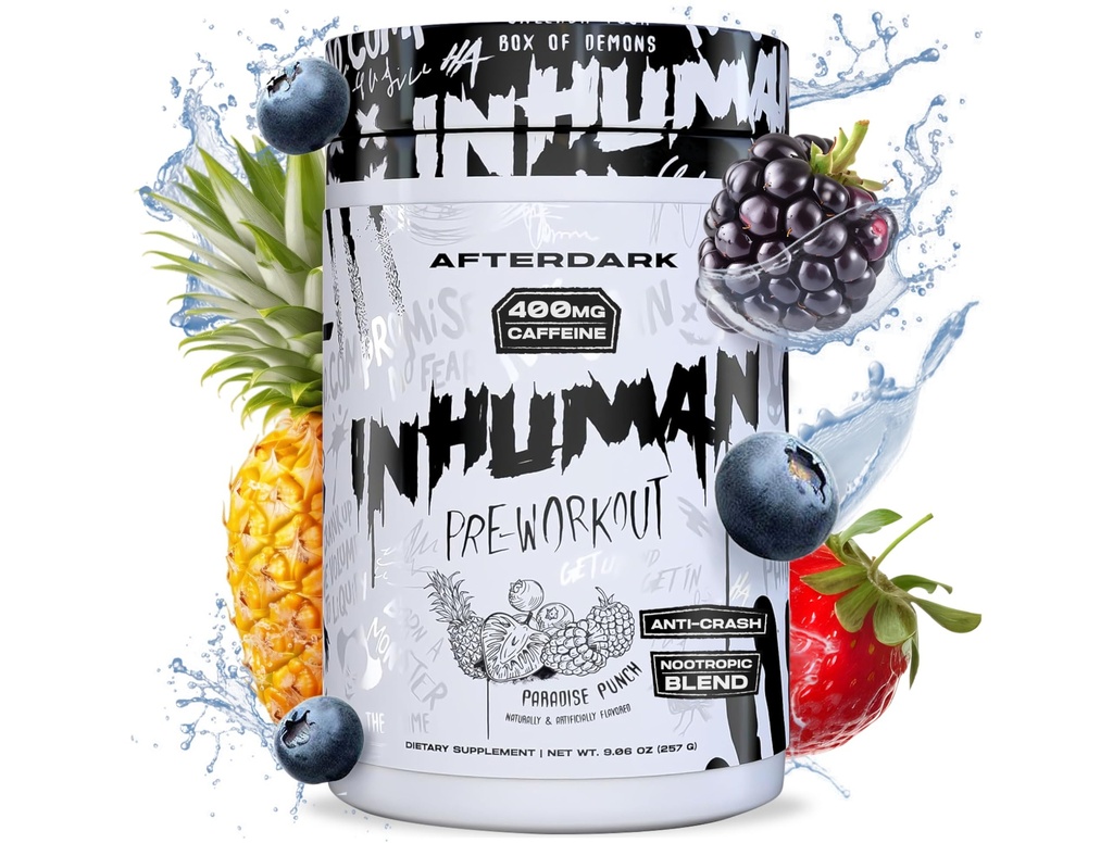 AFTERDARK INHUMAN Pre-Workout 파우더, 향상된 마인-Muscle 연결, 지속 에너지, 포텐 Nootropic 혼합, Vegan, 글루텐-Free, Soy-Free, 400mg 카페인, 충돌 없음, 파라다이스 펀치