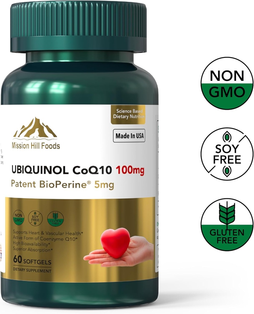 프리미엄 Ubiquinol CoQ10 + BioPerine (100mg) | 심장 건강에 대한 산화 방지제 (1 Bottle-60 Softgels-2mo 공급) | 높은 흡수 심장 & 혈관 비타민 | 비 GMO & 글루텐 무료