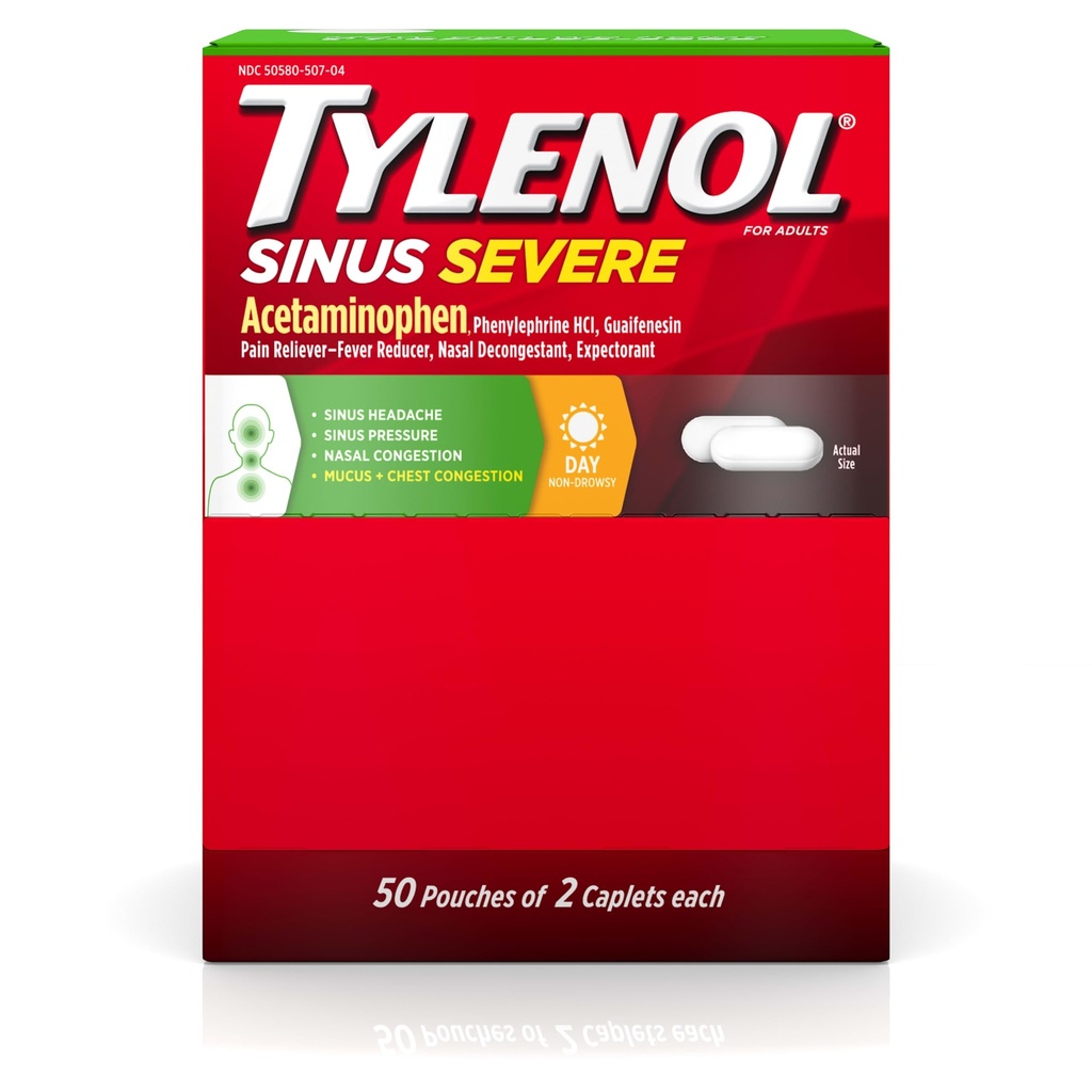 Acetaminophen 325mg, Guaifenesin 200mg & Phenylephrine HCl 5mg, 비 Drowsy Pain Reliever, Expectorant & Nasal Decongestant, 2개의 ct의 50 여행 팩을 가진 Tylenol Sinus Severe 주간 모자