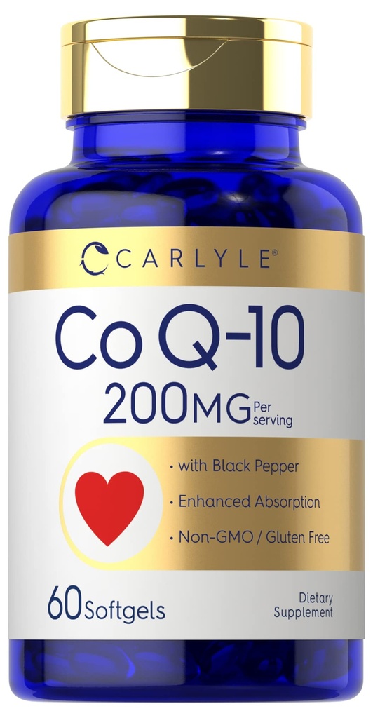 Carlyle CoQ10 200mg Softgels | 60 개 | 흑퍼 | 향상된 흡수 | Non-GMO, 글루텐 무료 보충