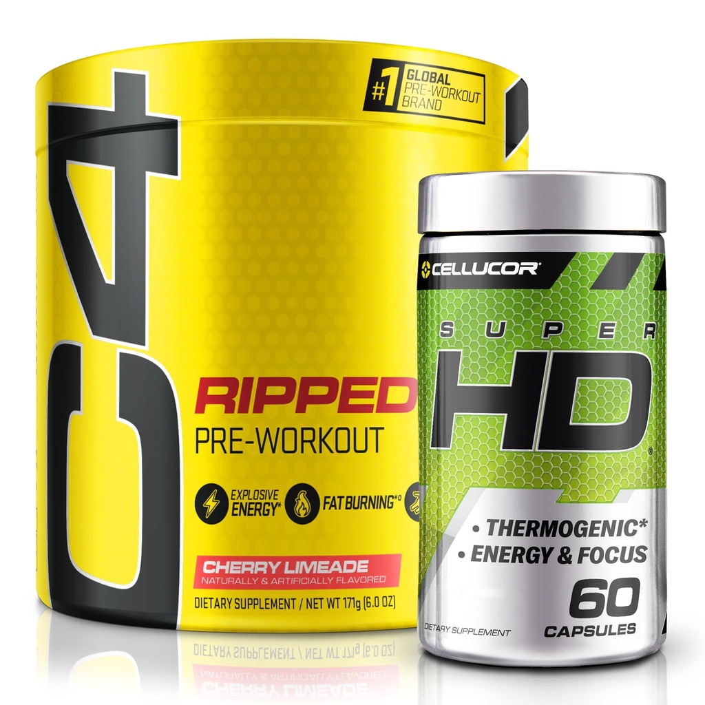 C4 Ripped & SuperHD, Thermogenic 번들, C4 Ripped Pre 운동 분말, Cherry Limeade 30 서빙 + SuperHD Capsimax 및 녹차 추출물, 60 서빙