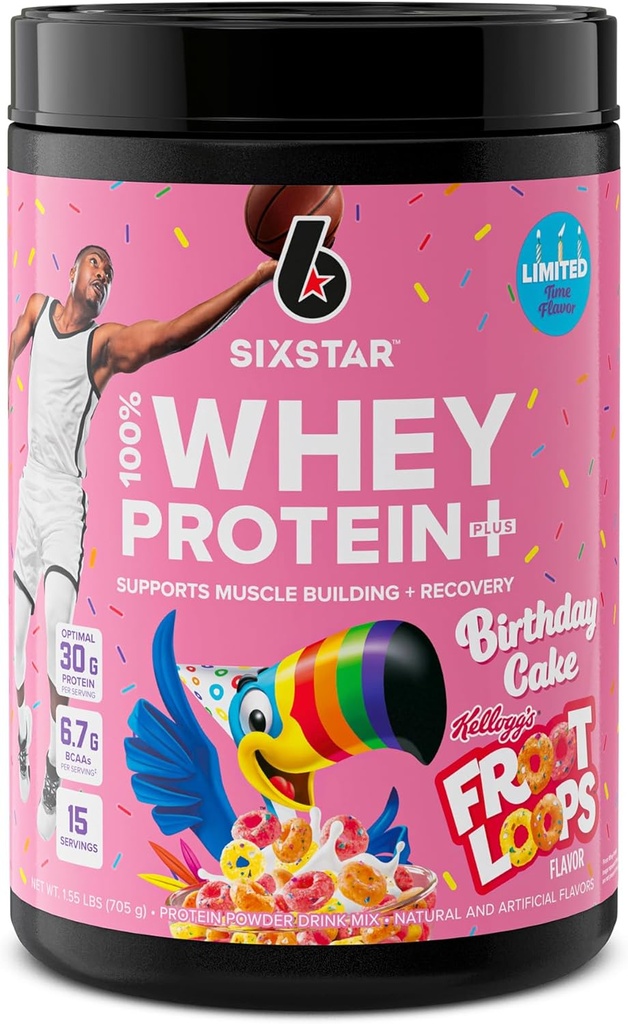 Six Star Whey Protein Plus | 근육 건물 및 회복 플러스 면역 지원 | 남성용 근육 빌더 | Kellogg의 Froot Loops 생일 케이크 맛 | 1.5lb