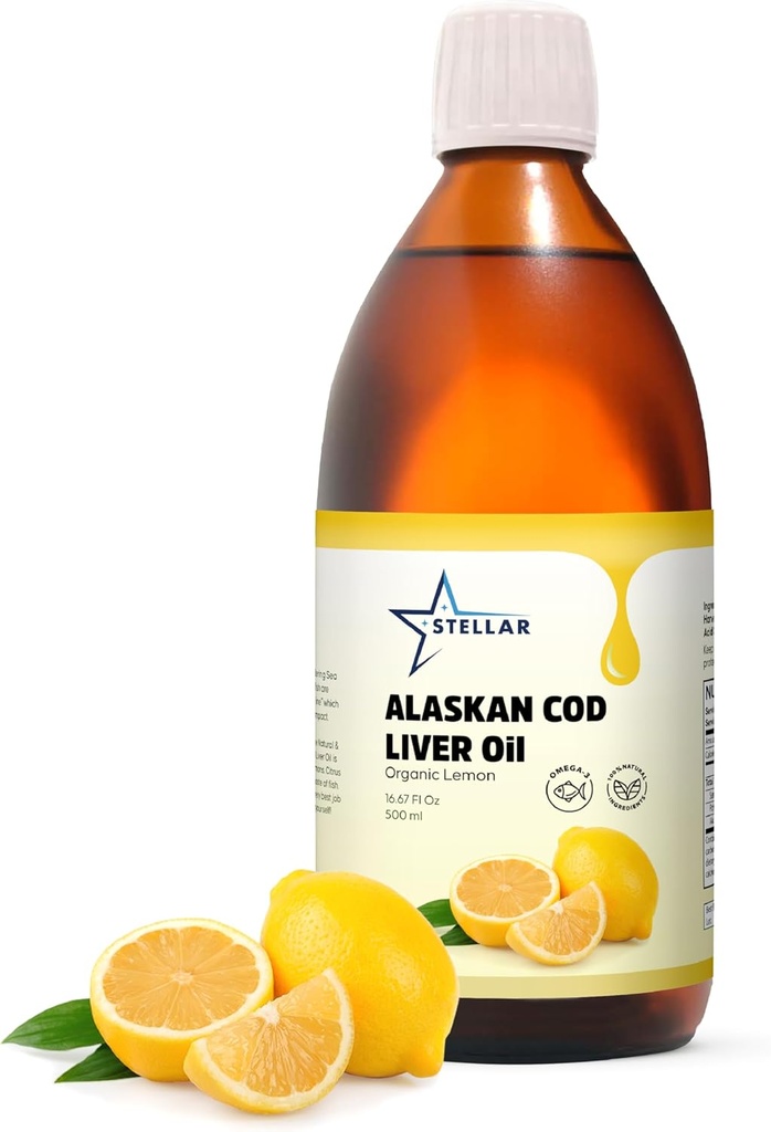 Stellar Alaskan Cod Liver Oil - 유기농 레몬, 16.67 온스 | 미국 야생 잡화 | 오메가-3 DHA/EPA & 비타민 D | 비 GMO 인증 | 하트 지원, 브레인 & 면역