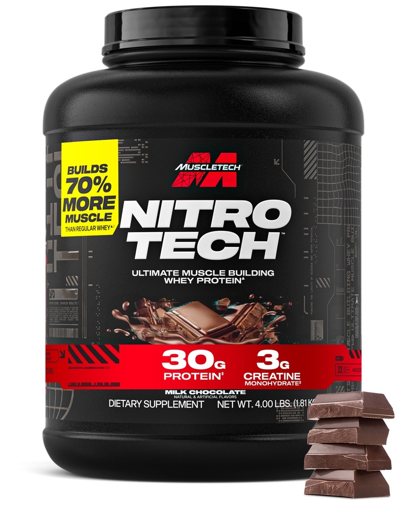 Muscletech Whey Protein Powder (밀크 초콜릿, 4 파운드) - 니트로 테크 Whey Protein Isolate가있는 궁극적 인 근육 건물 공식 - 단백질 30g, Creatine의 3g & BCAA의 6.8g - 포장 할 수있다 Vary