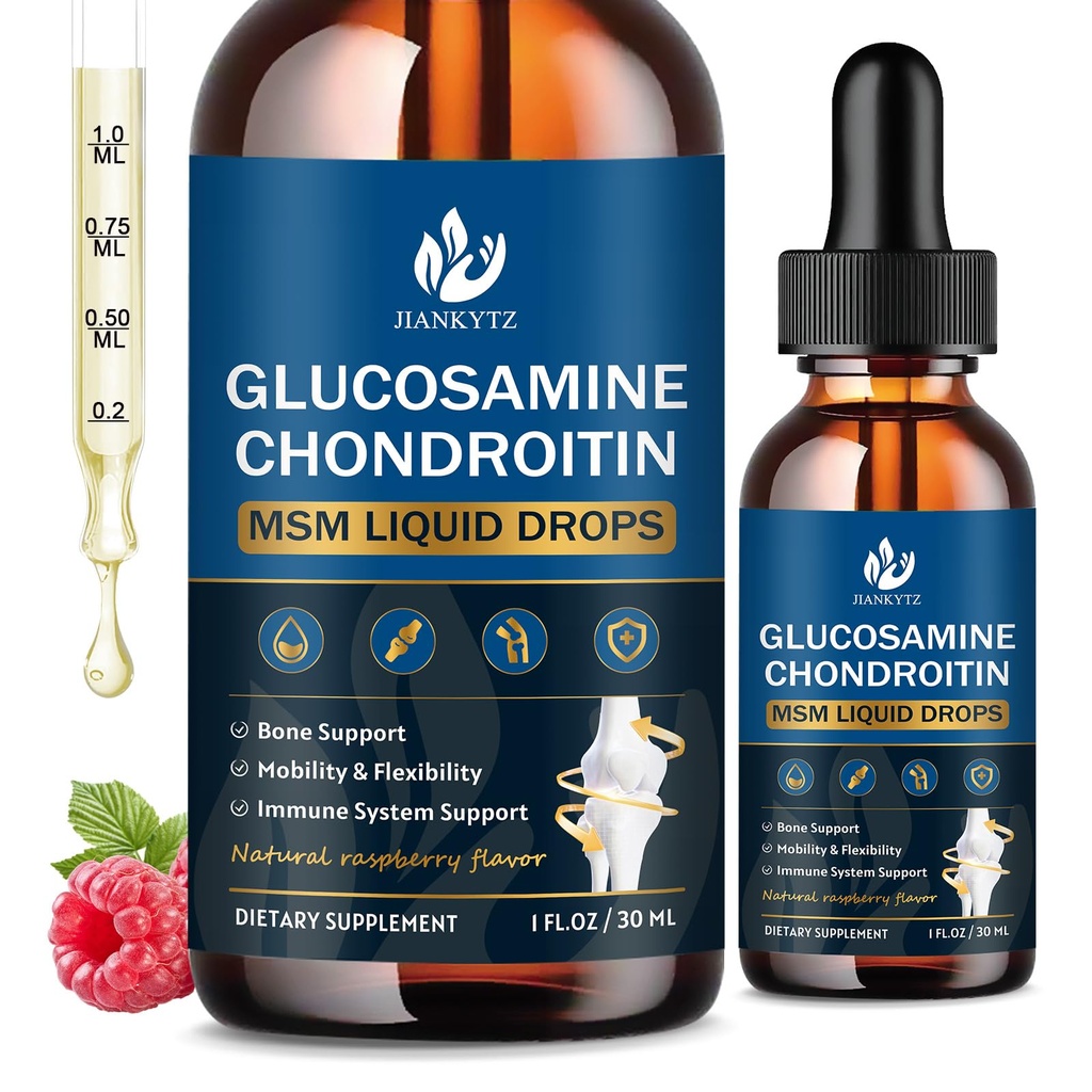 (2 팩) 글루코사민 Chondroitin MSM 액체 하락, 높은 흡수, 산화 방지제, Immune의 뼈 지원, 남자 & 여자를 위한 MSM 보충교재, 채식주의자, 설탕 자유로운, 라즈베리 풍미, 1 Fl Oz