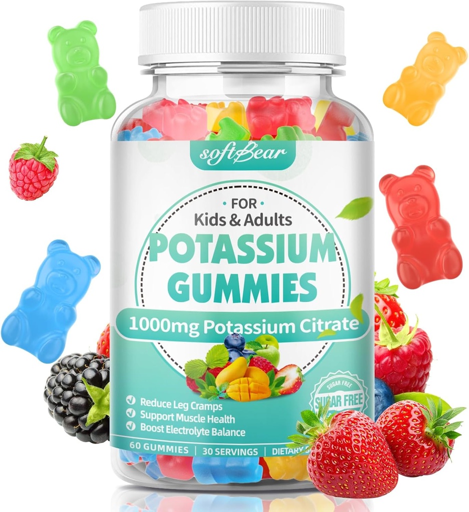 softbear 칼륨 구연산염 Gummies, 높은 Potency 칼륨 구연산염 1000mg는 성인 & 아이를 위한 다리 Cramps & 근육 건강 칼륨 Gummies를 혼합 과일 풍미 60 조사 지원합니다