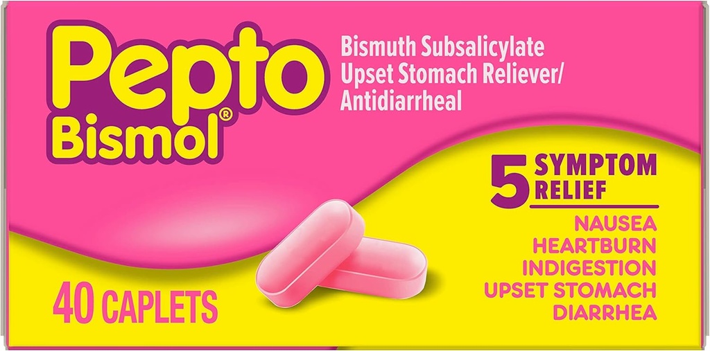 Nausea, Heartburn, Indigestion, Upset Stomach 및 Diarrhea, 편리한 형태로 5 증상 빠른 완화를위한 Pepto Bismol 캡슐, 40ct