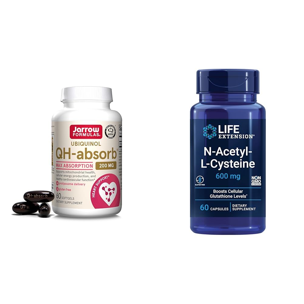 Jarrow 공식 QH-Absorb 200 mg - 높은 흡수 Co-Q10 - Co-Q10 & 생활 연장 N-Acetyl-L-Cysteine (NAC)의 활동적인 산화 방지제 모양, 면역력, NAC 600 mg
