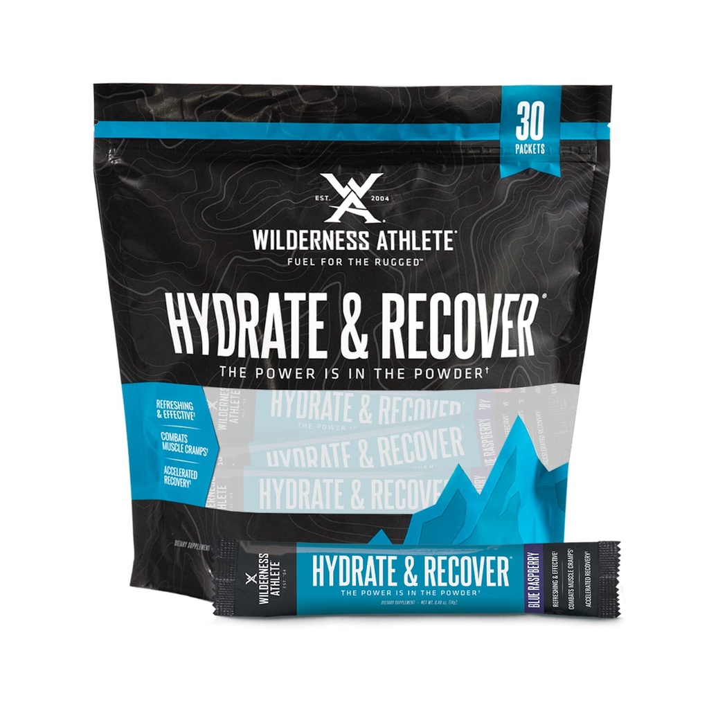 Wilderness Athlete - Hydrate & Recover | 액체 Hydration Packets Electrolyte 음료 혼합 - Bcaas와 패스너를 복구 - 30 싱글 서빙 Hydrate Packets (블루 라즈베리)