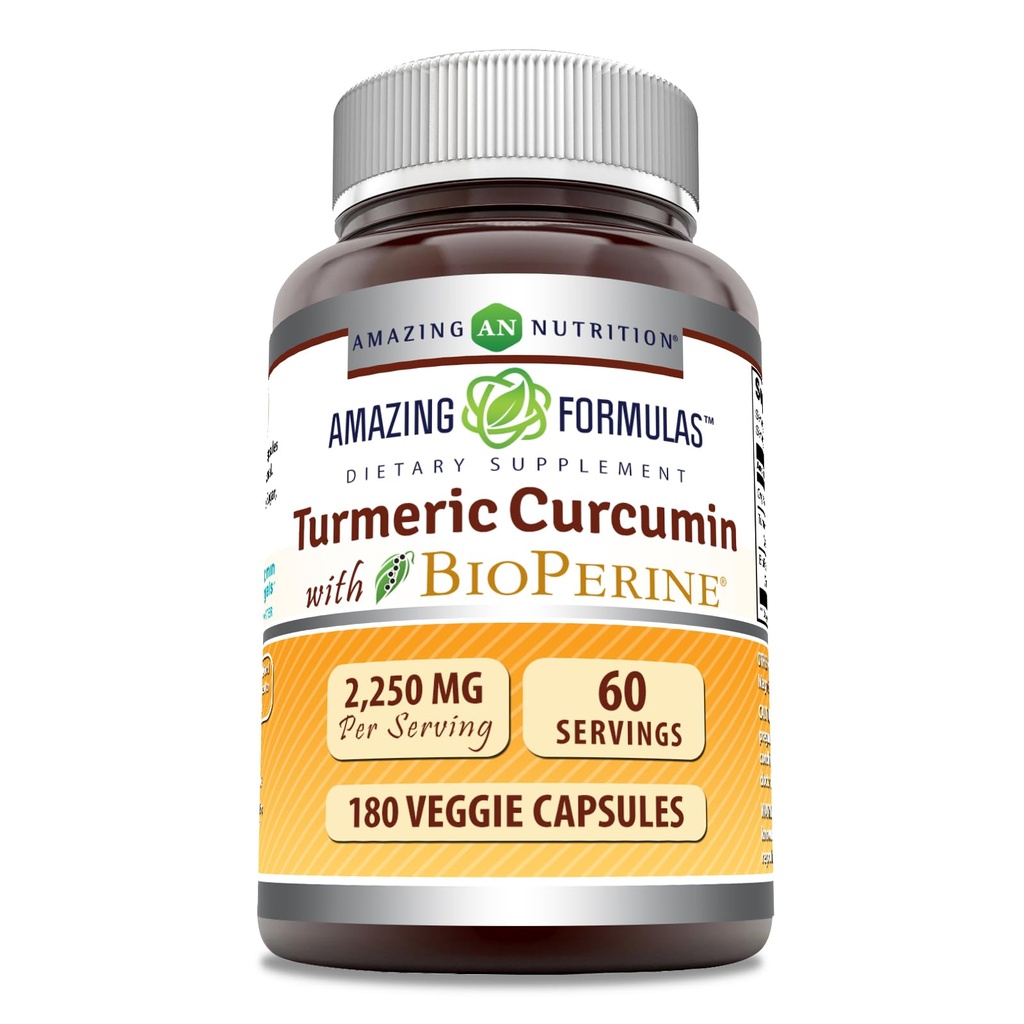놀라운 수식 심황 쿠르쿠민 바이오페린 보충 | 2250 Mg per 서빙 | Veggie Capsules | Non-GMO | Gluten-Free | Made in USA (1 Pack, 180 Count)