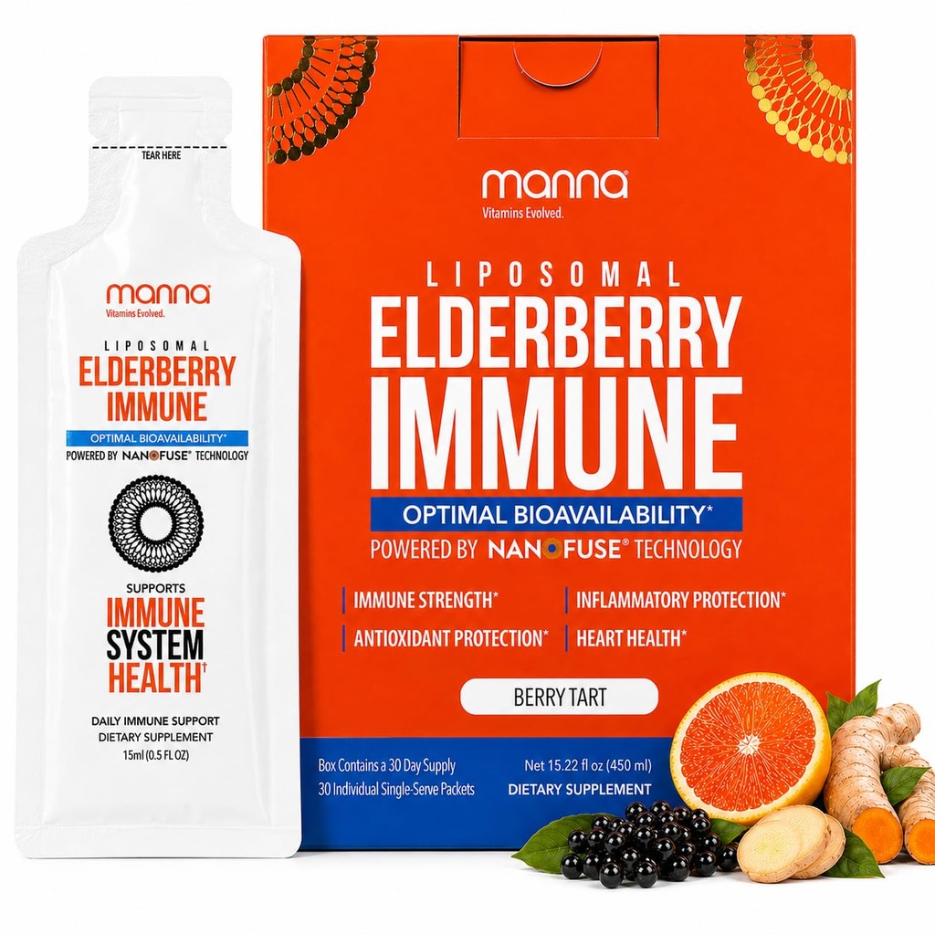 Manna 비타민 Evolved Liposomal Elderberry 면역 패킷, 비타민 C, D 등 - 성인, 어린이를위한 매일 면역 지원 - 설탕 무료, Real Elderberry Extract, Syrup, Travel-Friendly, 15 Pack