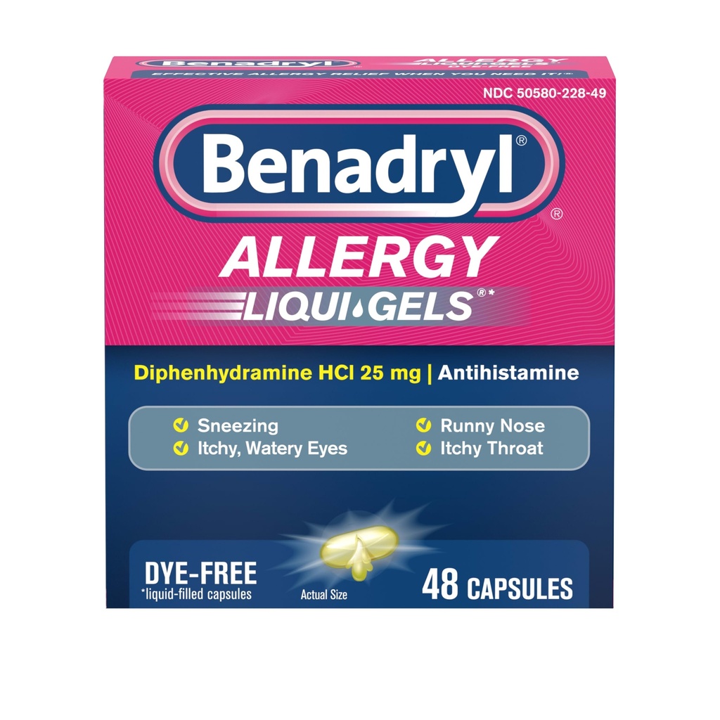 Benadryl Liqui-Gels Antihistamine 알레르기 약 & 찬 Symptom 기복, Diphenhydramine HCl의 25 mg를 가진 염료 자유로운 액체 젤과 같은 증상을 위한 Runny Nose, Sneezing & 더 많은 것, 48 ct