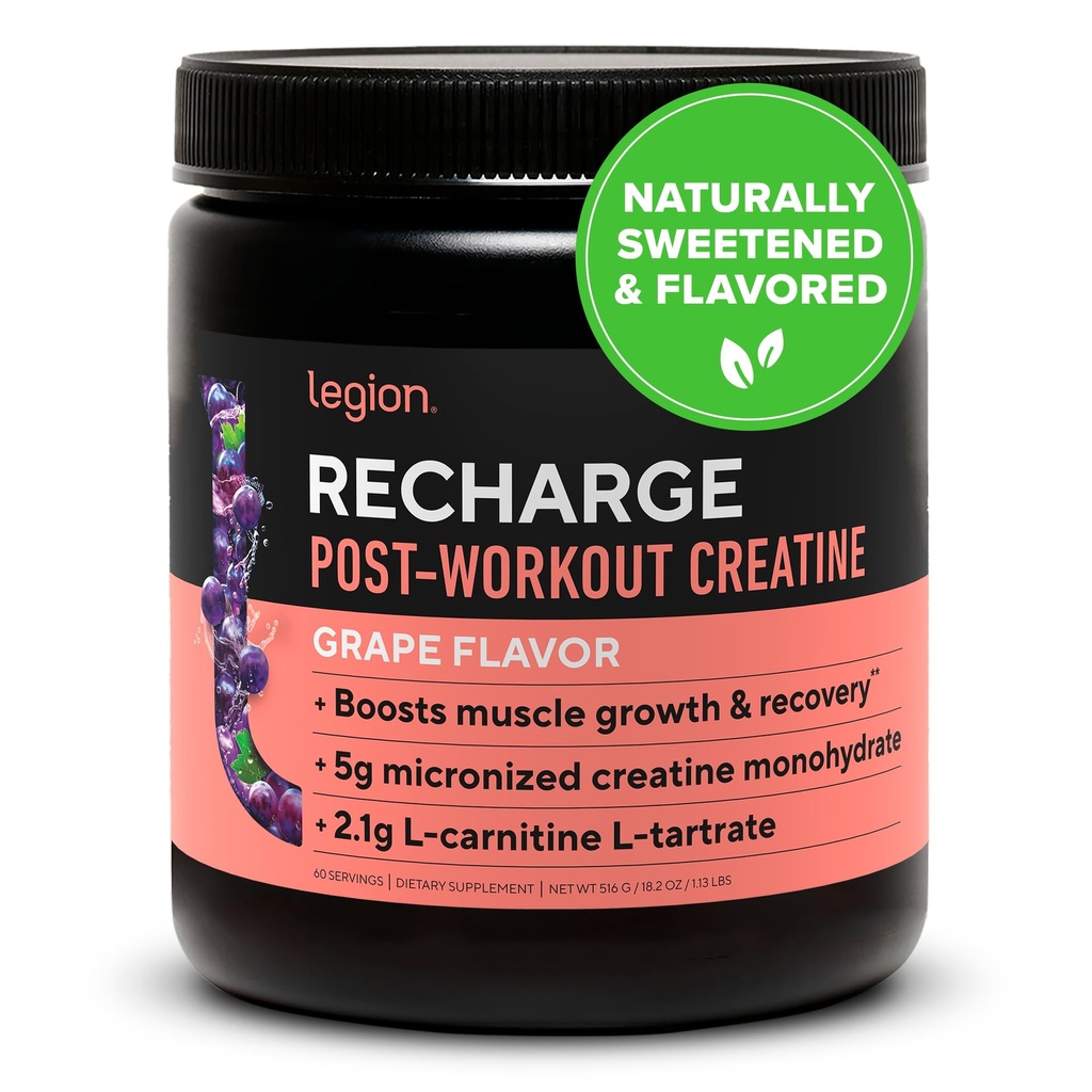 LEGION 재충전 포스트 운동 보충교재 - Micronized Creatine Monohydrate를 가진 모든 자연적인 근육 건축업자 & 회복 음료. 자연적으로 감미로운 & 맛있고, 안전한 & 건강한. (Grape, 60 서빙)