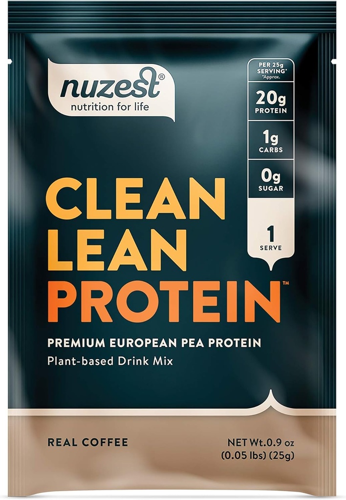 Nuzest - Pea Protein Powder - Clean Lean Protein, Premium Vegan Plant 기반 단백질 분말, Dairy Free, Gluten Free, GMO Free, Naturally Sweetened Protein Shake, Real Coffee, 1 서빙, 0.9 oz