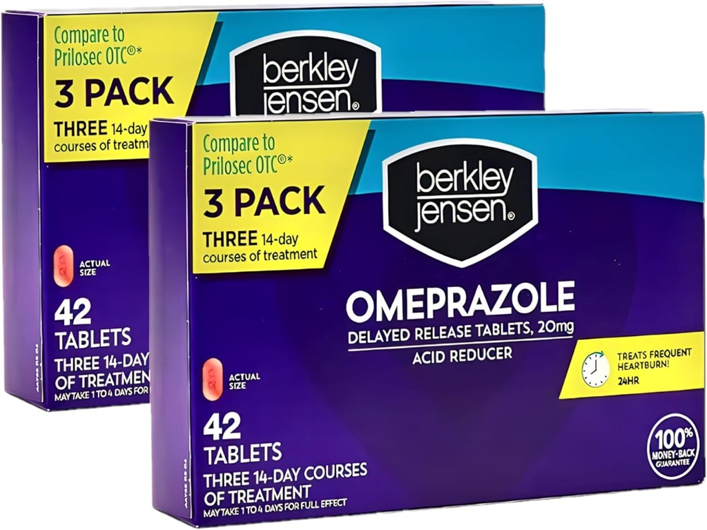berkley jensen Omeprazole 20 mg 지연 릴리스 정제 - Heartburn Medicine- Acid Reducer Pills - 3 x 14 일 코스, 42 개 (팩 2)