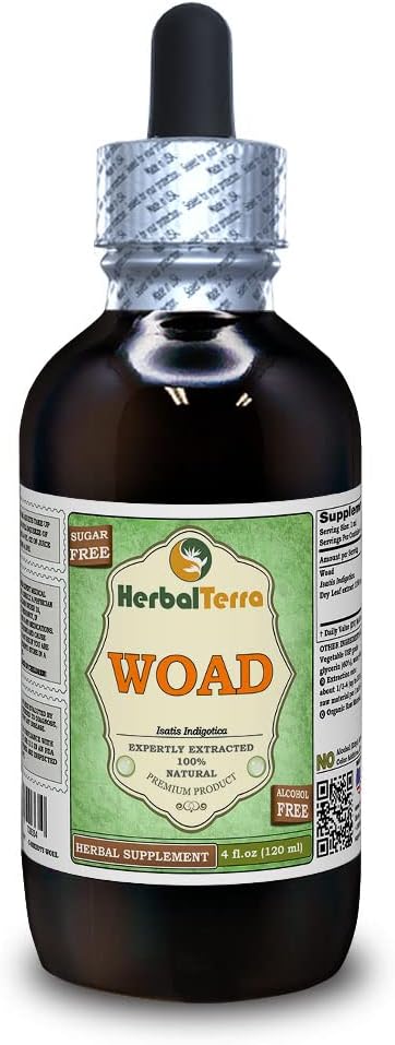 Woad (Isatis Indigotica) 글리세라이트, 건조 정제 알코올 - 무료 액체 추출물 (브랜드 이름 : HerbalTerra, Proudly Made in USA) 4 fl.oz (120 ml)