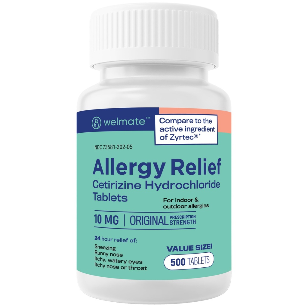 WELMATE - 알레르기 완화 - Cetirizine HCl 10 mg - 24 시간 항히스타민 - 비 Drowsy - Sneezing - Runny Nose - Itchy Eyes & Throat - 실내 및 실외 알레르기 완화 정제 - 500 정제