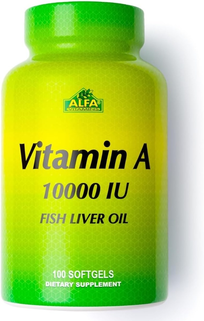 ALFA VITAMINS - 비타민 A - 물고기 간장 기름 10,000 IU - 매일 규정식 보충교재 도움 지원 시각, 피부 및 면역 체계 - 100 Softgels