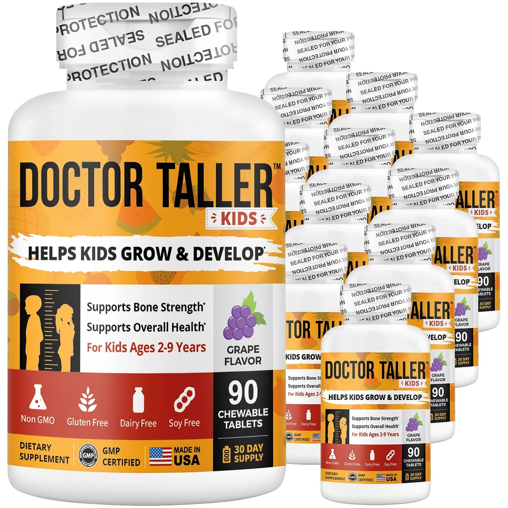 NuBest Doctor Taller Kids - Multivitamins, Multiminerals, 칼슘과 Bone 강도 지원 - 나이 2에서 9까지의 프리미엄 공식 - 포도 맛 - 12 팩 | 18 개월 공급