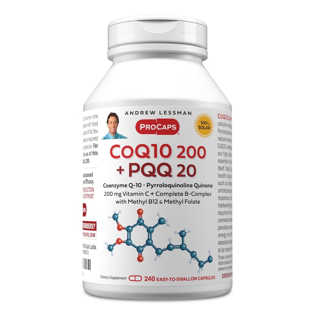 ANDREW LESSMAN Coenzyme Q-10 200 플러스 PQQ 20mg - 240 캡슐 - CoQ10 수준, 최적 세포 에너지, 지원 에너지 생산, 심장, 뇌, 간결, 신장, Pancreas 유지. 없음 첨가제