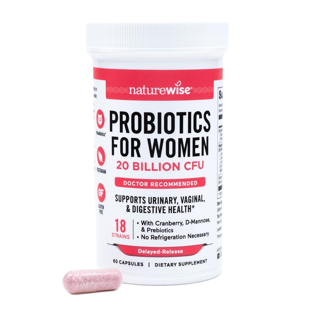 NatureWise Probiotics for Women + Organic Prebiotics D-Mannose & Cranberry - PH 밸런스, 다이제스트 및 우린 트랙을위한 질 프로 바이오 틱 - 18 Strains, 20 억 CFU - 60 캡슐 [60 일 공급]