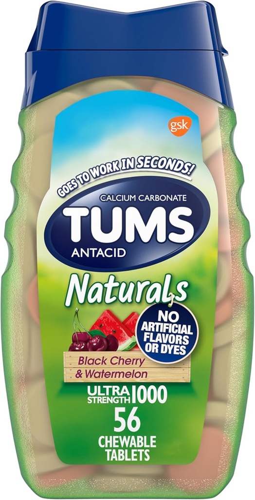 TUMS Naturals Ultra Strength Antacid Chews for Heartburn Relief, Black Cherry & Watermelon - 56 카운트