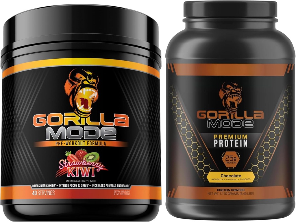 Gorilla Mind Pre Workout (Strawberry Kiwi) + 프리미엄 Whey Protein (Chocolate) - 연료 최대 결과를위한 종합 스택