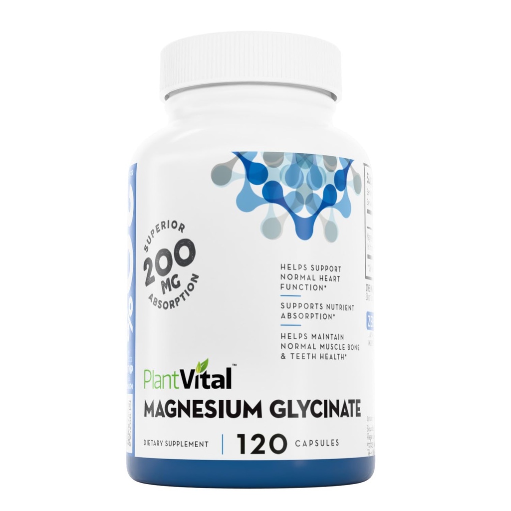 PlantVital 마그네슘 글리세라이드 200mg 120 캡슐 - 높은 흡수, Non-GMO, Vegan, Gluten-Free - 지원 정상 수면, 근육 & Nerve 기능, 정상 심장 & 뼈 건강, 체감 및 휴식