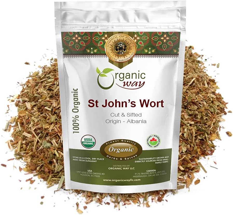 Organic Way St. John's Wort Cut & Sifted (Hypericum perforatum) - 초본 차 | 유럽 야생 - 해적 | 유기농, 고셔 및 USDA 인증 | 비건, 비 GMO & 글루텐 프리 | 원산지 - 알바니아 (8 Oz)