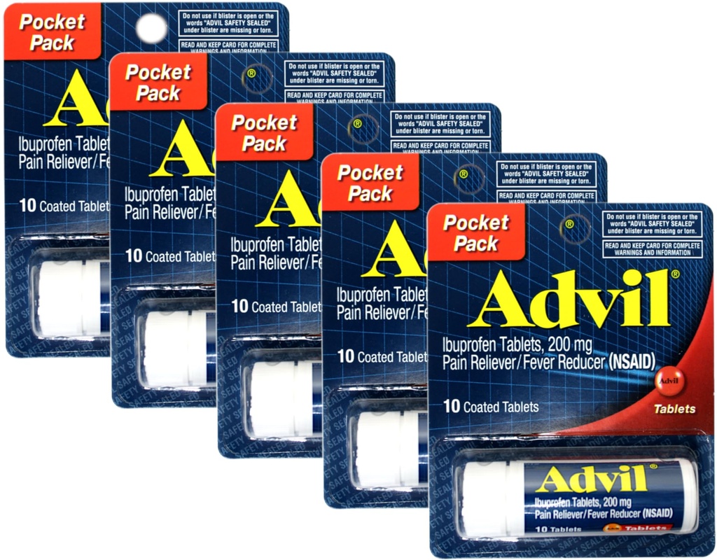 Advil Ibuprofen 200mg (NSAID) 포켓 팩, 10 코팅 정제 (포장 5)
