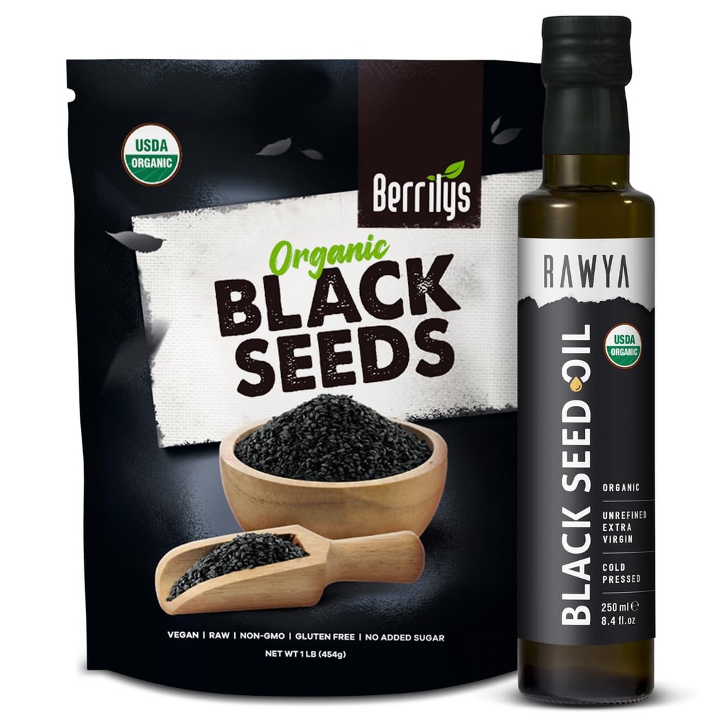 RAWYA Black Seeds + Black Seed Oil - USDA Organic Certified, Cold Pressed, Nigella Sativa, Cumin Seed Oil, Kalonji, 프리미엄 품질, 높은 Thymoquinone, Pure & Natural, 8.4 Oz + 16 Oz Seeds