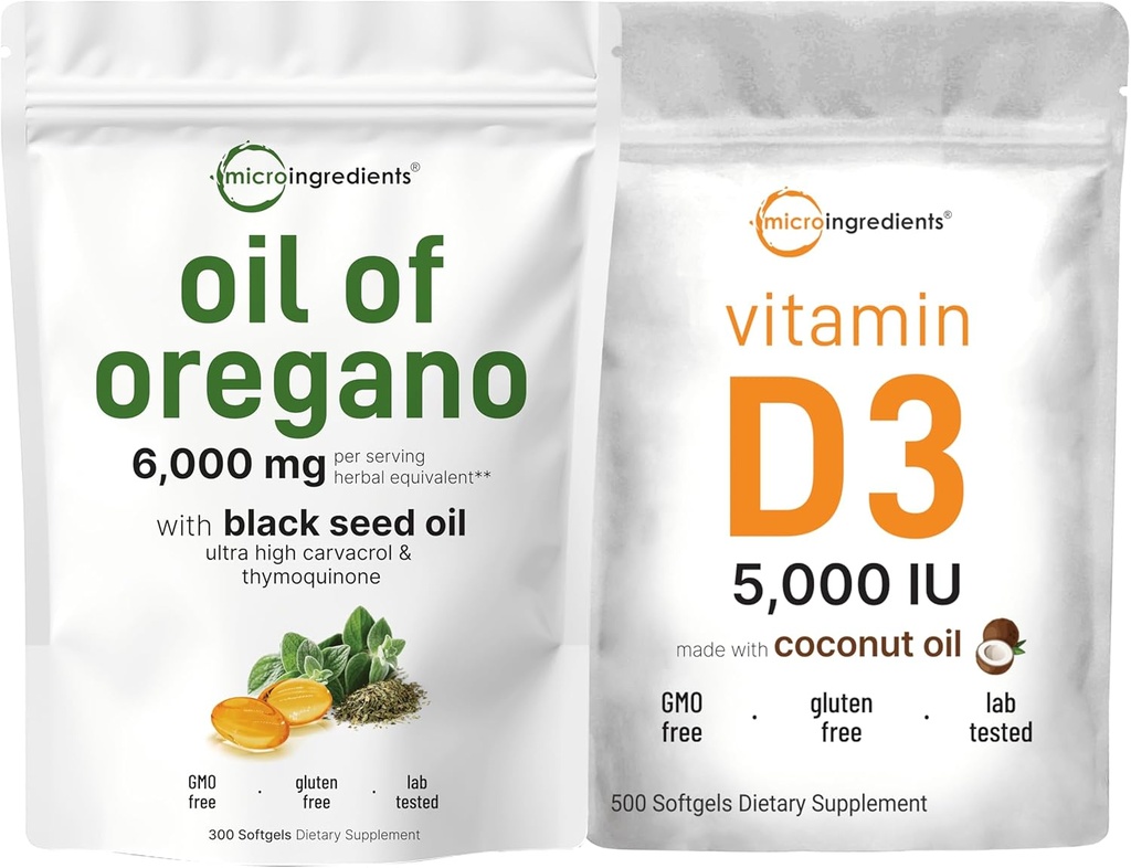 Oregano Softgels의 마이크로 성분 기름 6,000mg 서빙 & 비타민 D3 5,000 IU 번들 팩 | 4X 힘 Carvacrol & Thymoquinon | 비타민 D