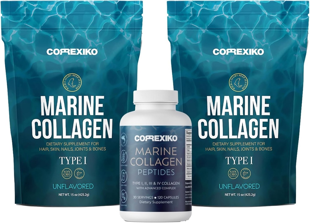 CORREXIKO 2X 바다 교원질 분말 (15oz) & 1x 바다 캡슐 뭉치