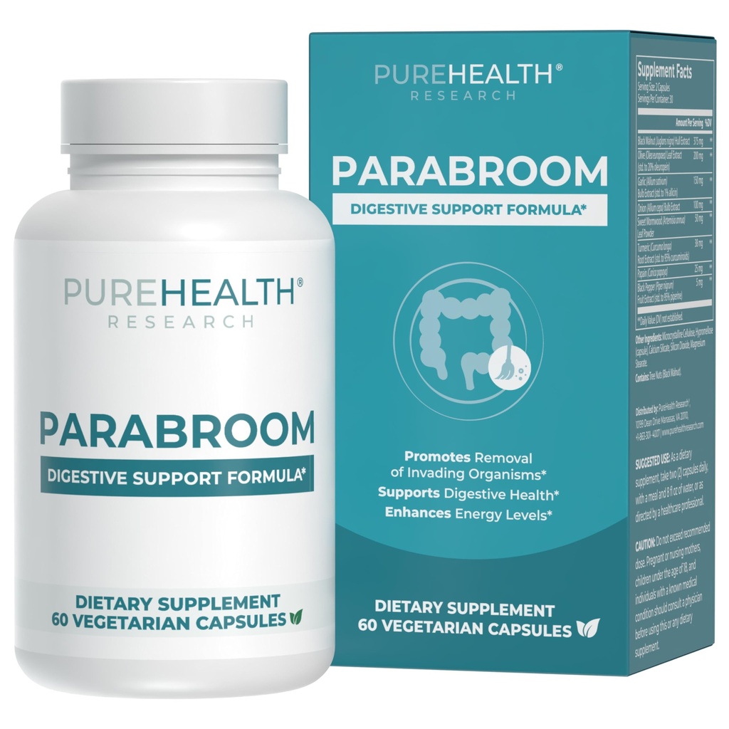 PUREHEALTH RESEARCH Parabroom - Gut Cleanse & Health Supplement - 검은 호두, 달콤한 Wormwood 분말, 심황 추출물, 올리브 리프, 마늘 & 양파 - 여성 및 남성 60 캡슐에 대한 소화 지원