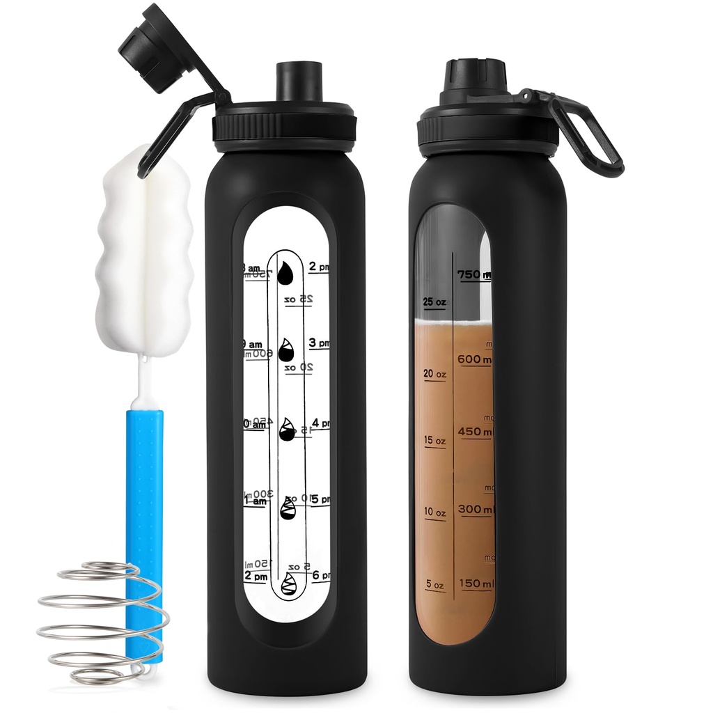 유리제 셰이커 병 34oz/1L 셰이커 공을 가진 까만 유리제 단백질 셰이커 병 단백질 혼합을 위한 큰 셰이커 병 체육관 운동 스포츠를 위한 휴대용 분말 믹서 물병