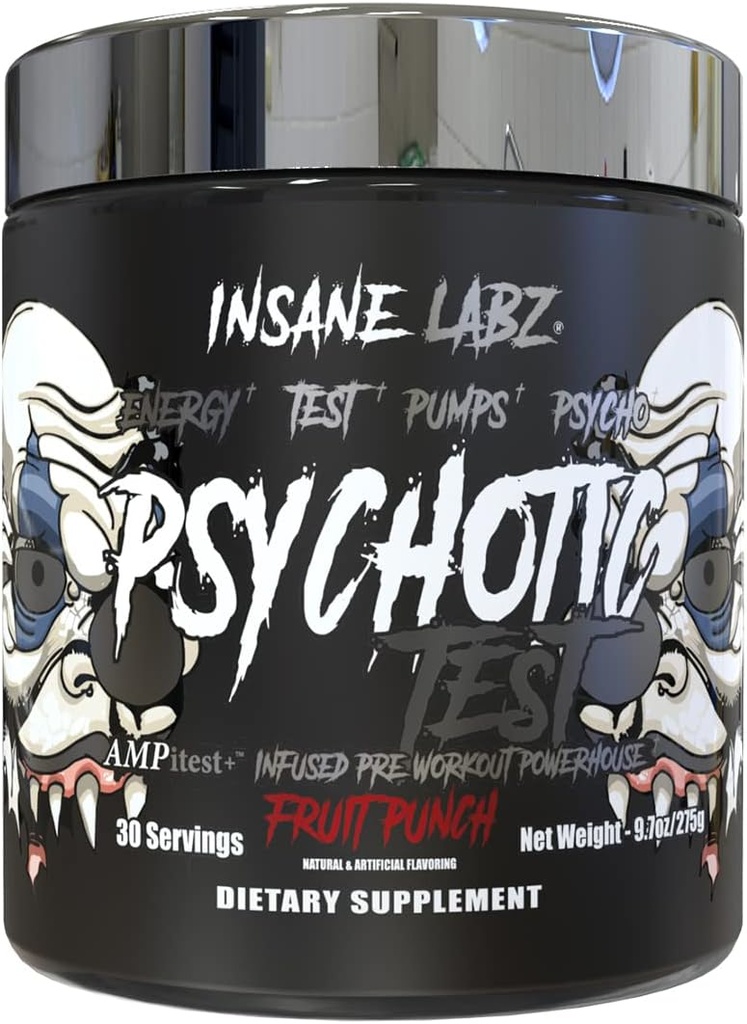 Insane Labz Psychotic 테스트, 높은 자극 테스토스테론 에너지 및 펌프 DMAE Bitartrate, D Aspartic 산, Creatine HCL 및 Glycerol Monostearate, 30 서빙, 과일 펀치와 사전 운동 분말을 밀어