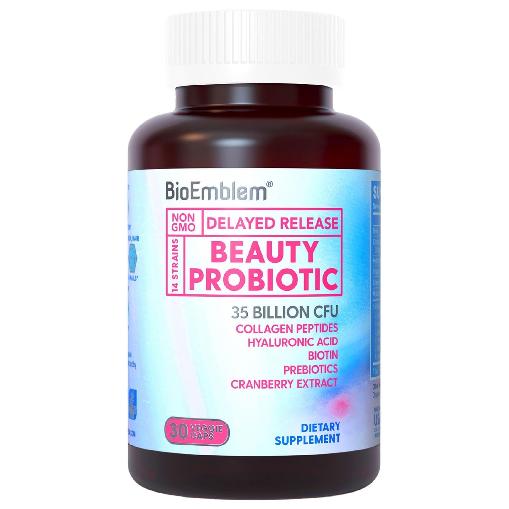BioEmblem Beauty Probiotics for Women, Biotin, Collagen, Digestive Health, Hair Skin 및 Nails, Vaginal Probiotics 보충교재, 선반 안정, 30의 모자를 가진 35 억 CFU 14 Strains