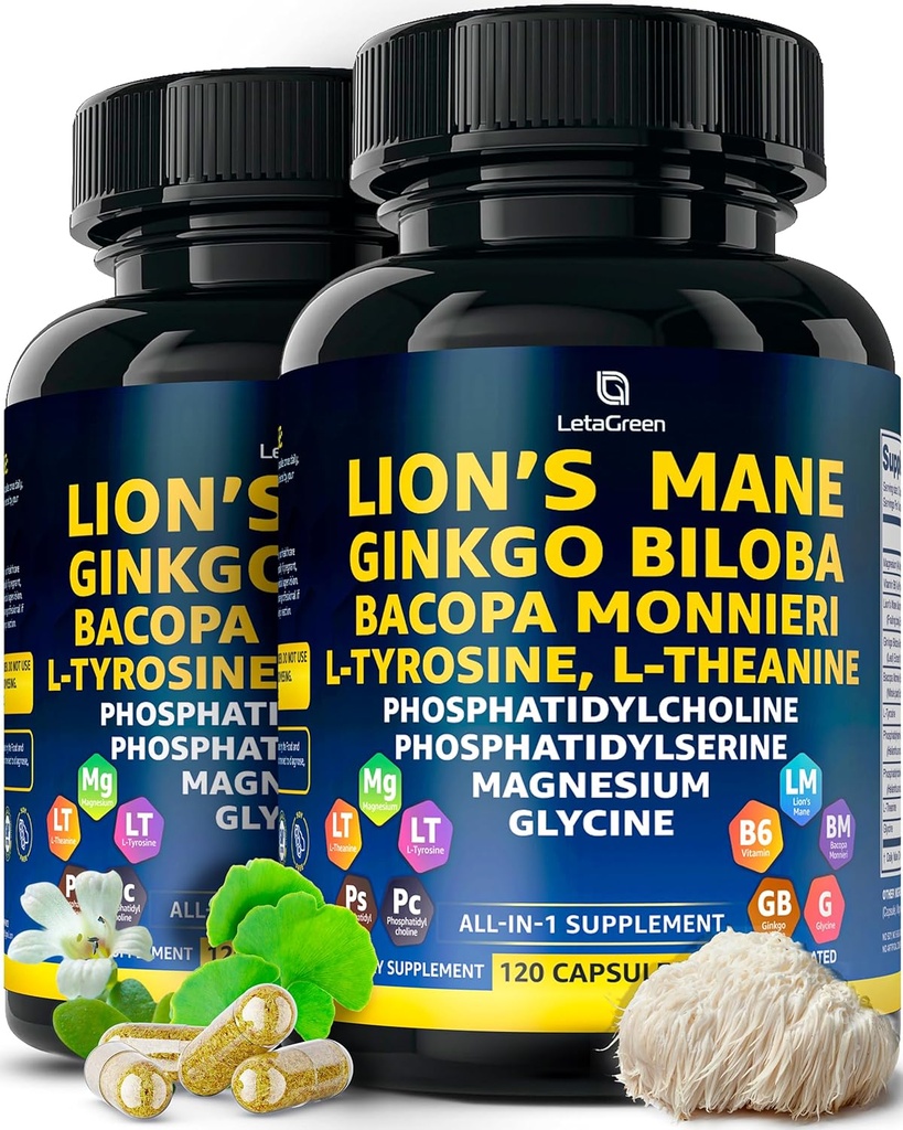 유기 사자 Mane 보충교재 캡슐 - 240 Ginkgo Biloba 허브, Bacopa Monnieri, L Theanine, L Tyrosine를 가진 진짜 버섯 사자원의 Mane 캡슐
