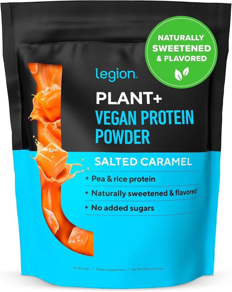 LEGION Plant+ Vegan Protein Powder, 쌀 및 완두, 식물 기반 단백질 혼합. 글루텐 무료, GMO 무료, 자연적으로 단맛과 맛, 20 서빙, 2 Lbs (Salted Caramel)