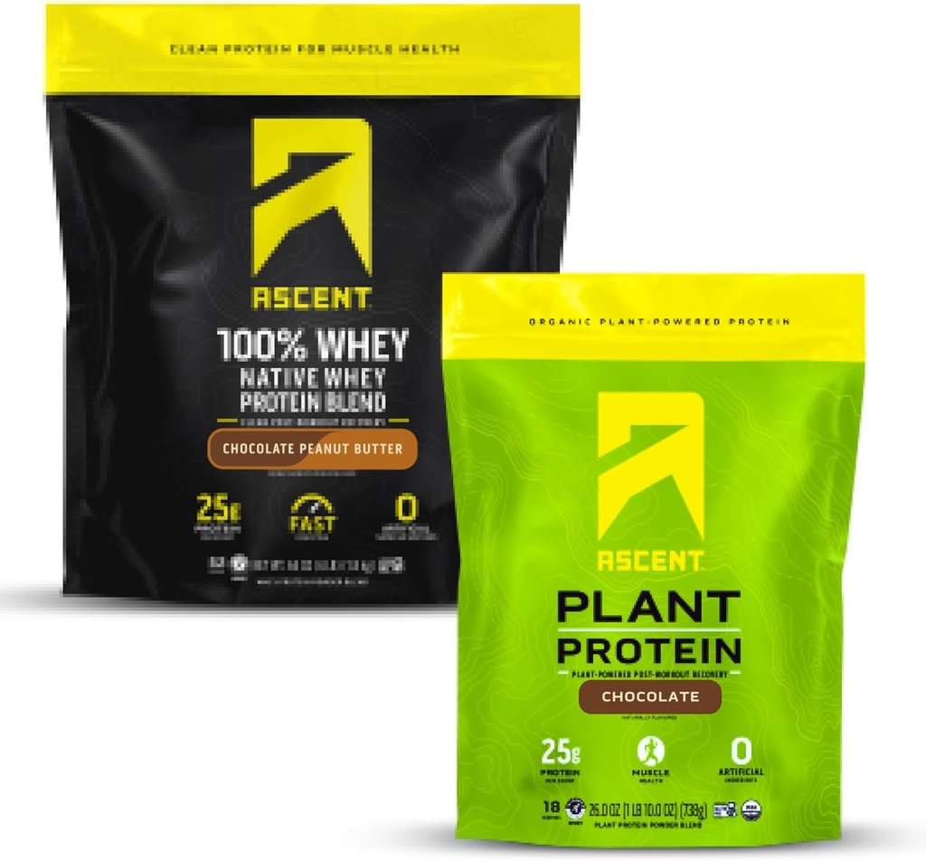 Ascent Whey + Plant Protein Powder - 초콜릿 땅콩 버터 4 파운드 & 초콜릿 18 서빙