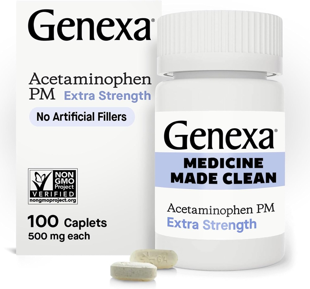 Genexa 청결한 Acetaminophen PM 500mg 여분 힘, 염료 자유로운 고통 Reliever, 야간 수면 원조, Fever 흡진기, 0% 인공 첨가물, Relieves 두통, backache, Minor 관절염 고통, 100개의 정제