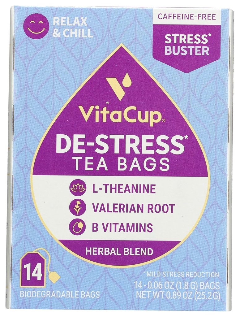 VitaCup, Relax & Chill w/Chamomile, L-Theanine, Valerian Root & B Vitamins, Caffeine Free Single Serve Wellness Tea Sachet Bag, 14캐럿의 허브 티백
