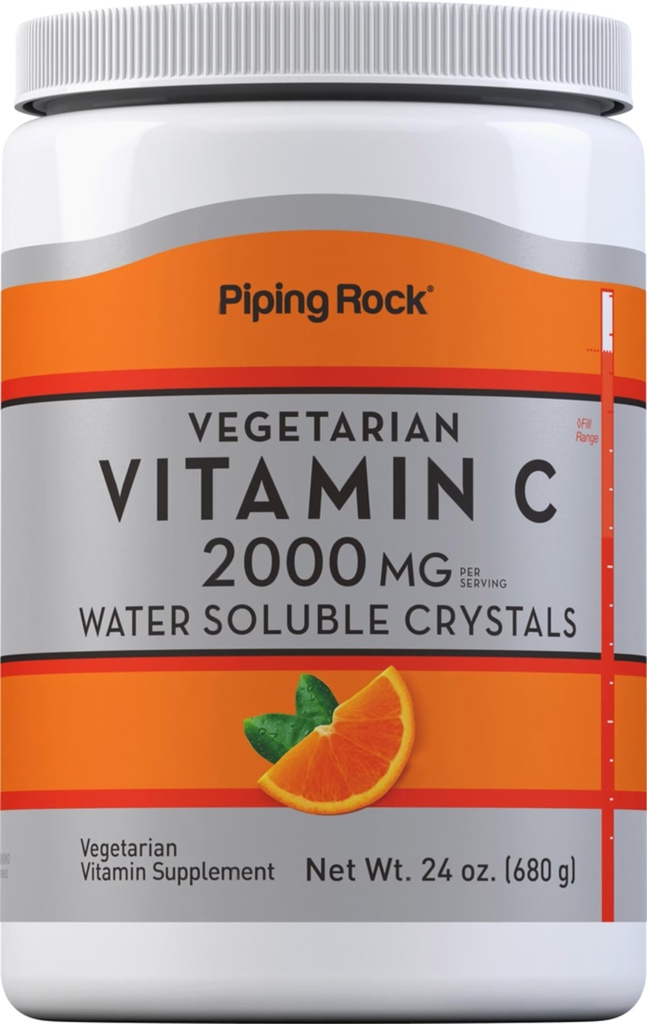 Piping Rock Vitamin C Powder | 24 oz | 2000mg | 수용성 결정 | 아스코르브산 | 채식주의, 비 GMO, 글루텐 무료 보충