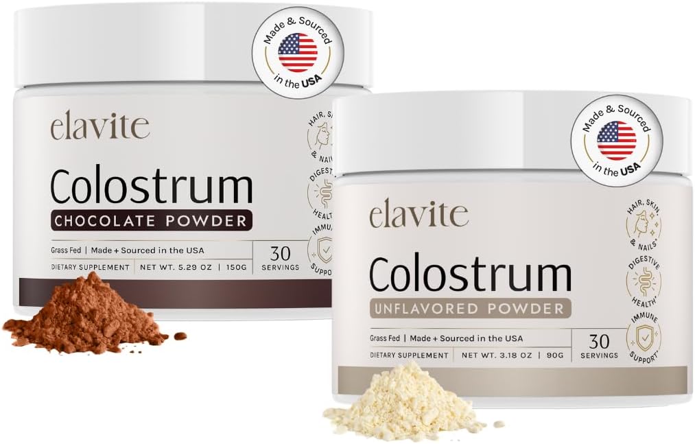 Bovine Colostrum Powder (60 서빙) 여성 및 남성을위한 묶음 묶음 묶음 뭉치 - 건강한 머리, 피부 및 손톱을위한 보충 - 초콜릿 및 불연 - 미국에서 만든