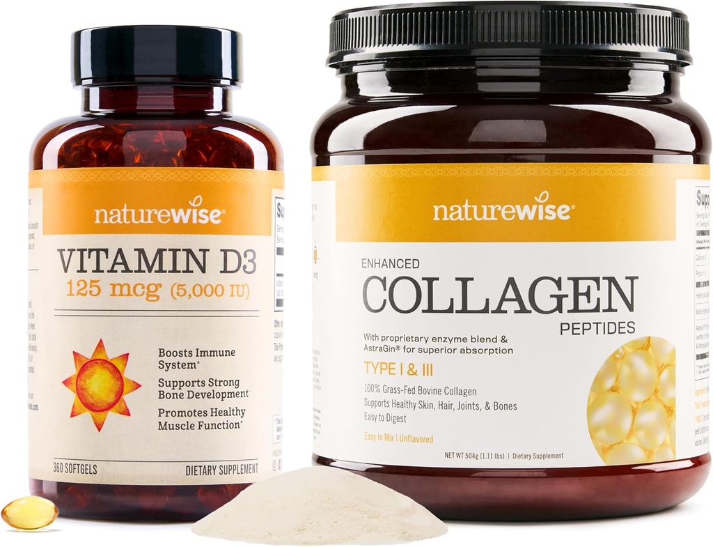 NatureWise 비타민 D3 5000iu (125 mcg) 건강한 근육 기능을 위한 1 년 공급은 교원질 펩티드 (45의 봉사)를 강화했습니다 - 가수분해한 유형 I & III