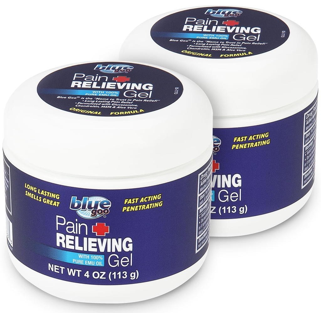 Blue Goo Pain Relieving Gel - 후면, 목, 근육 및 관절 통증, 100 % 순수 Emu 오일, 4 온스 (2 팩)과 빠른 행동 냉각 및 진정 완화