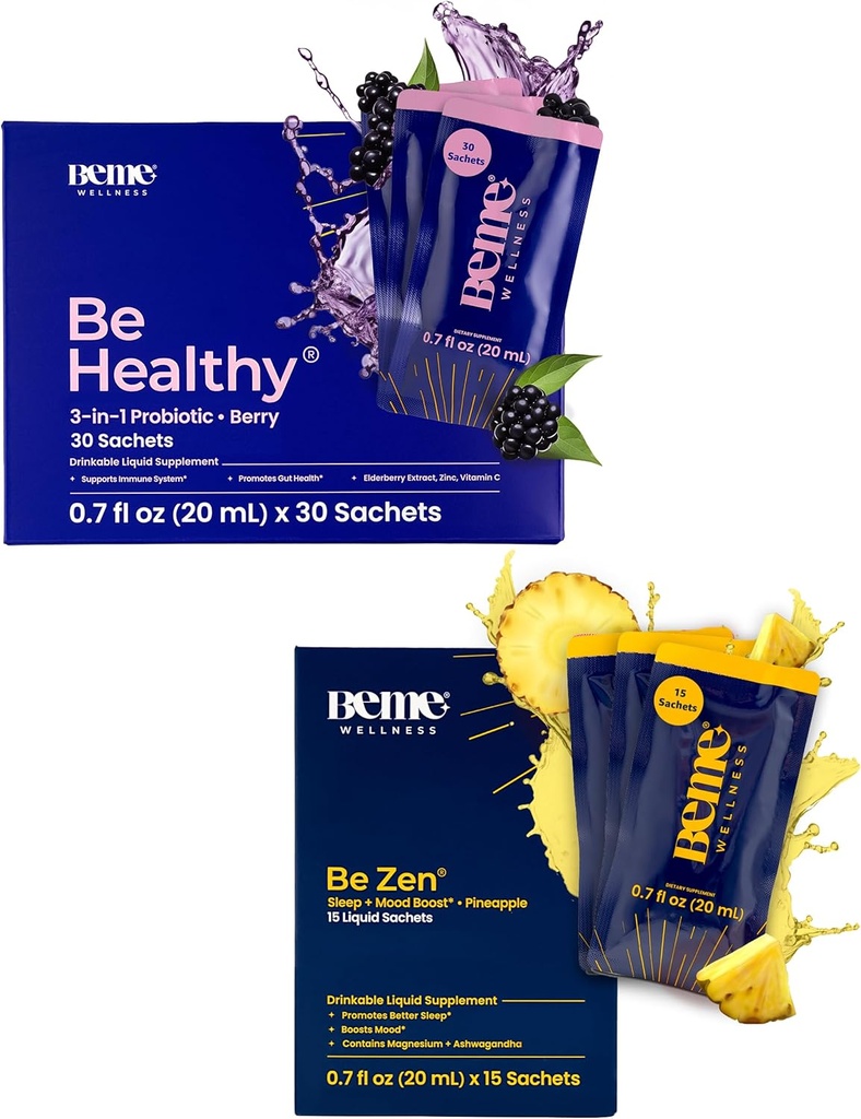 BeMe BeHealthy & BeZen 번들 - 액체 프로바이오틱스 및 마그네슘 글리세라이드 L-Theanine 보충제
