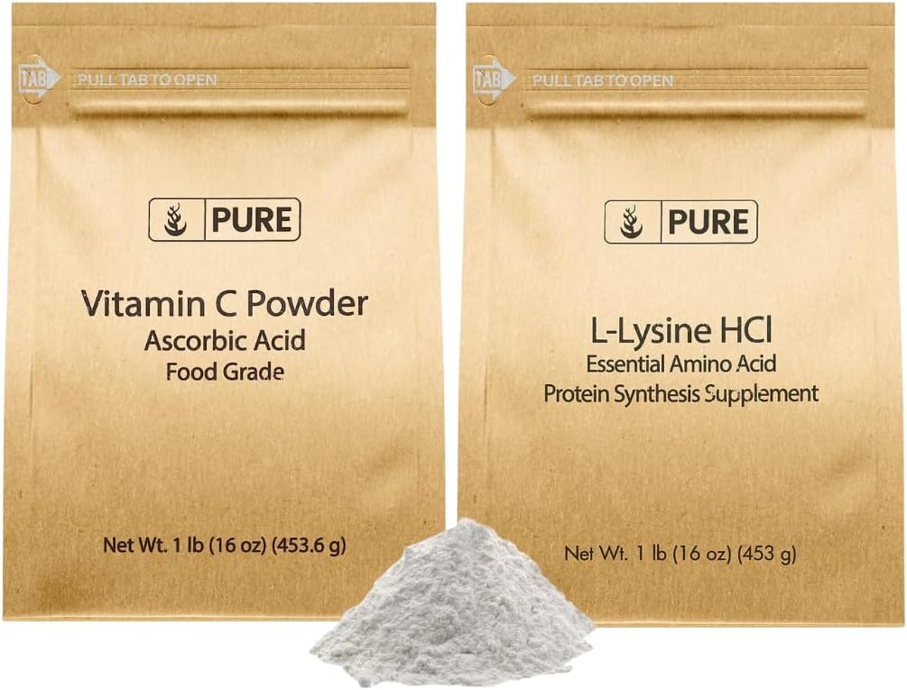 PURE ORIGINAL INGREDIENTS L-Lysine HCI 및 Vitamn C 분말 번들, 1 lb 각각, 비 GMO, 글루텐 무료, 다이어트 보충 교재
