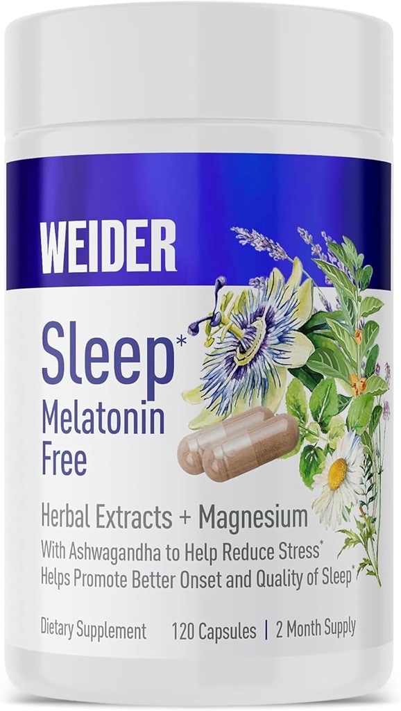 Weider Melatonin KSM-66 Ashwagandha, Magnesium, Lavender, Lemon Balm, Chamomile, Valerian 및 Passionflower 추출물, 호르몬 및 약물 - 무료, Non-Habit 성형, 120ct