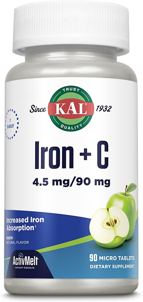 KAL 철 C, 90의 정제, 4.5 mg/90 mg의 자연적인 사과 풍미, 증가된 흡수 철 알약, 면역성이 있는 지원